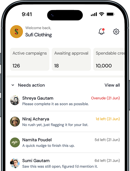 The Inmark AI brand app showing campaign analytics — spend, reach, and performance by platform