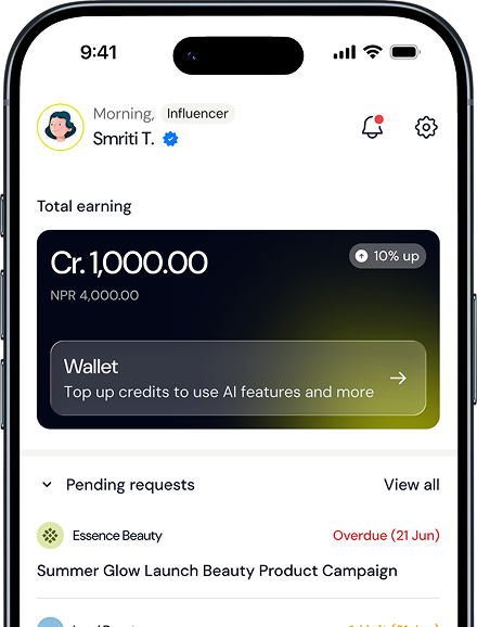 The Inmark AI influencer app showing total earnings, wallet, and pending campaign requests