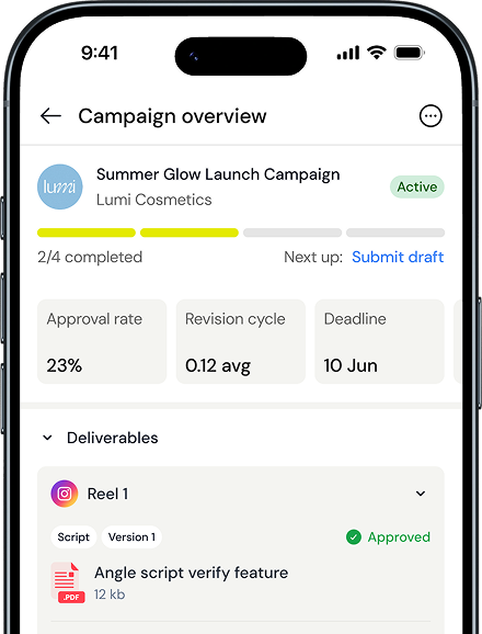 The Inmark AI creator app showing a campaign overview with deliverables and approval status