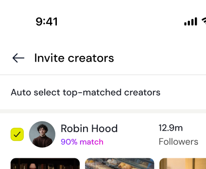 Invite creators screen showing auto-selected top-matched creators